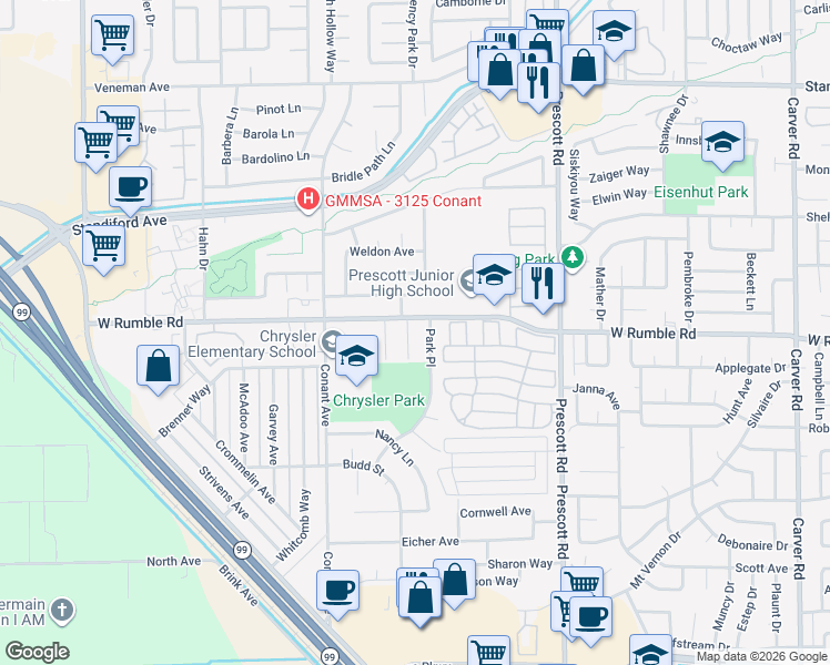 map of restaurants, bars, coffee shops, grocery stores, and more near 2817 Park Place in Modesto