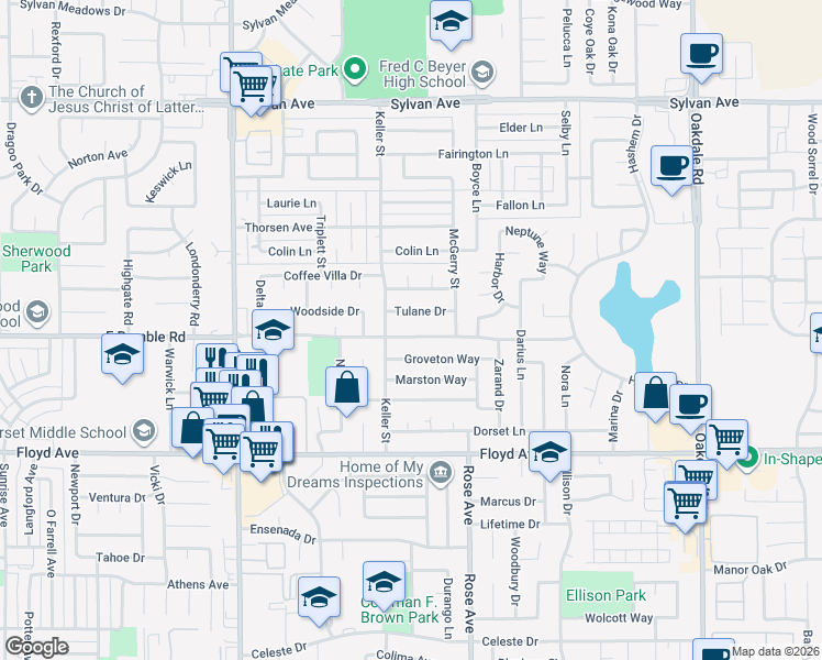 map of restaurants, bars, coffee shops, grocery stores, and more near 1614 East Rumble Road in Modesto