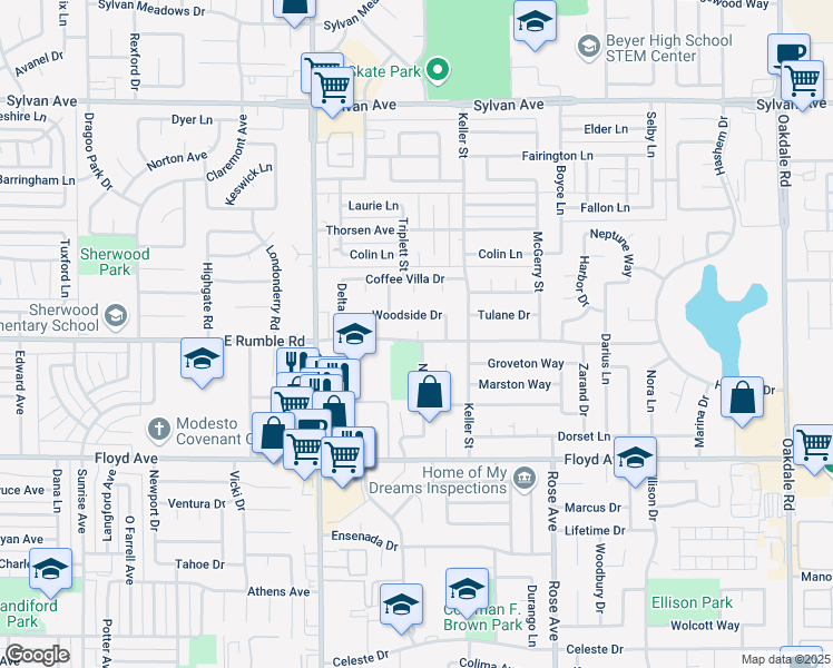 map of restaurants, bars, coffee shops, grocery stores, and more near 1419 East Rumble Road in Modesto
