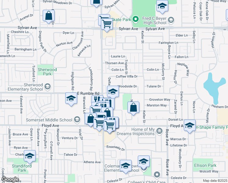 map of restaurants, bars, coffee shops, grocery stores, and more near 1307 East Rumble Road in Modesto