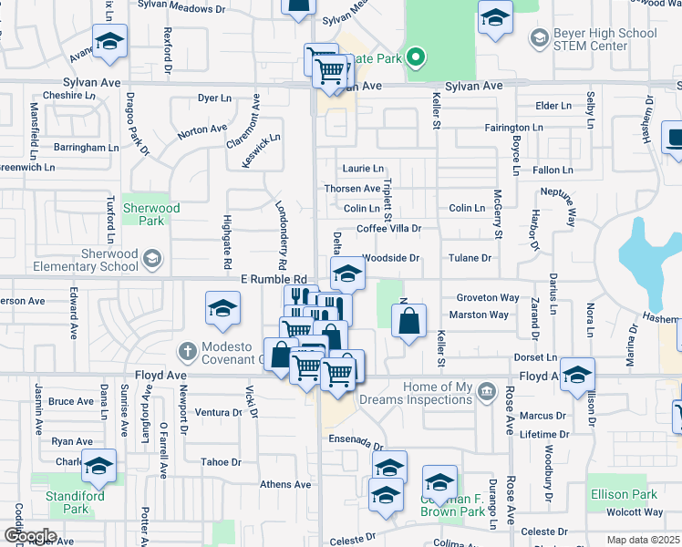 map of restaurants, bars, coffee shops, grocery stores, and more near 1307 East Rumble Road in Modesto