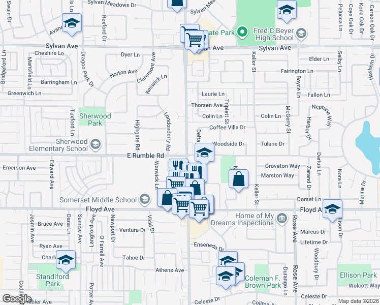 map of restaurants, bars, coffee shops, grocery stores, and more near 1307 East Rumble Road in Modesto