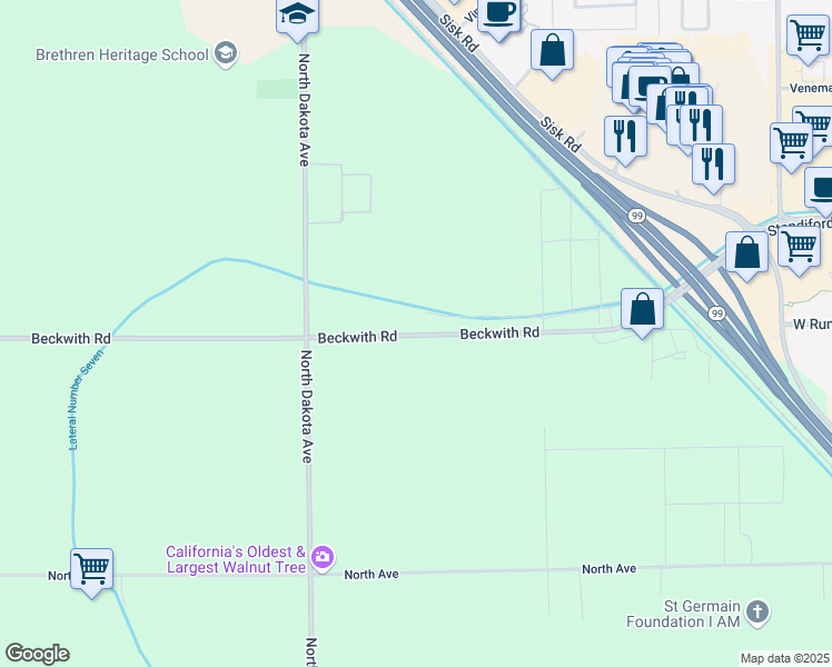map of restaurants, bars, coffee shops, grocery stores, and more near 3730 Beckwith Road in Modesto
