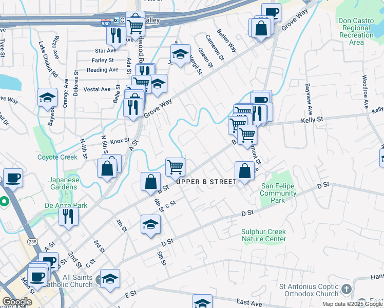 map of restaurants, bars, coffee shops, grocery stores, and more near Unnamed Road in Hayward