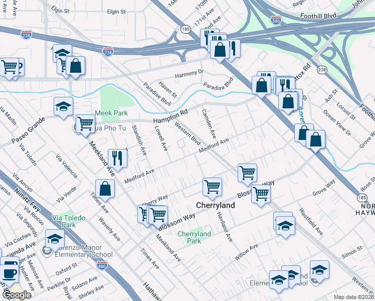map of restaurants, bars, coffee shops, grocery stores, and more near 344 Medford Avenue in Hayward