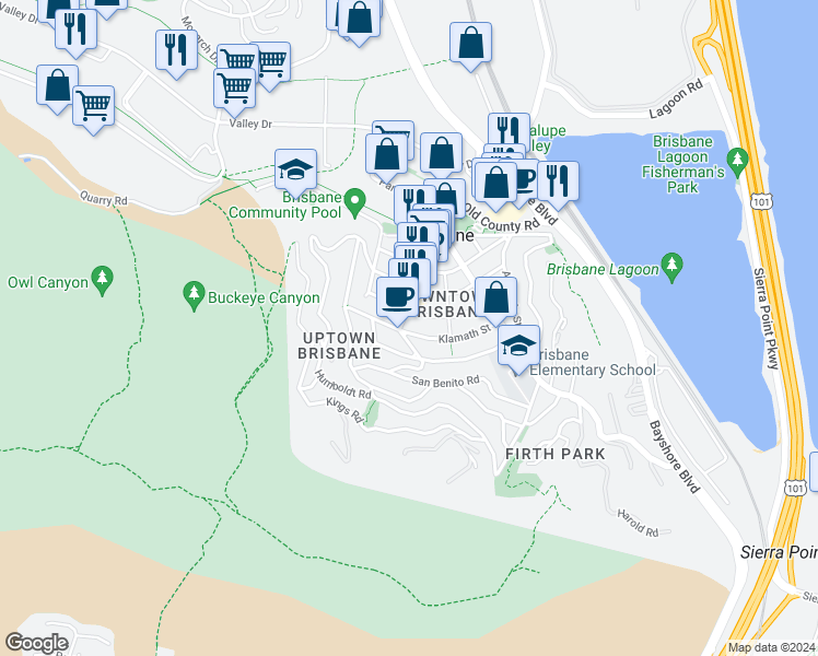 map of restaurants, bars, coffee shops, grocery stores, and more near 359 Klamath Street in Brisbane