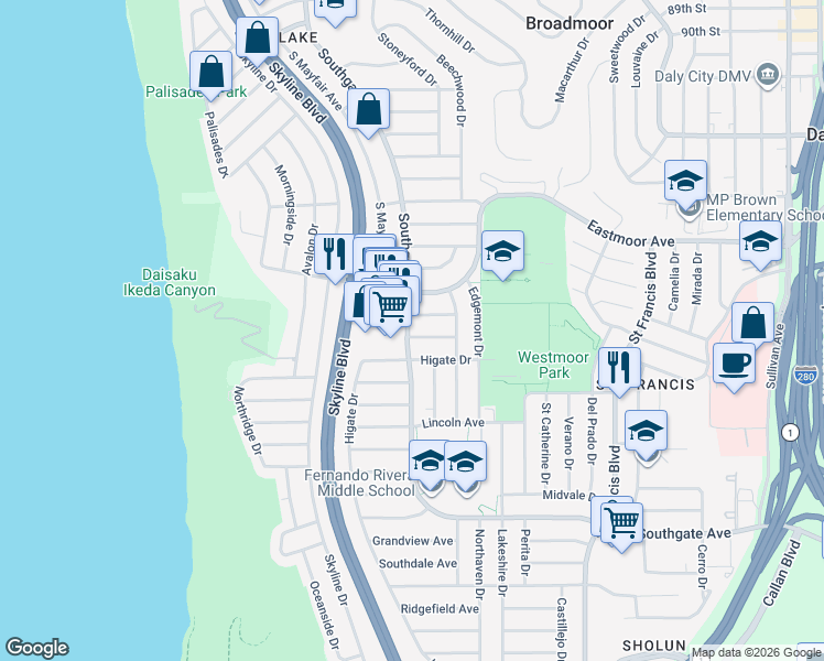 map of restaurants, bars, coffee shops, grocery stores, and more near 1077 Southgate Avenue in Daly City