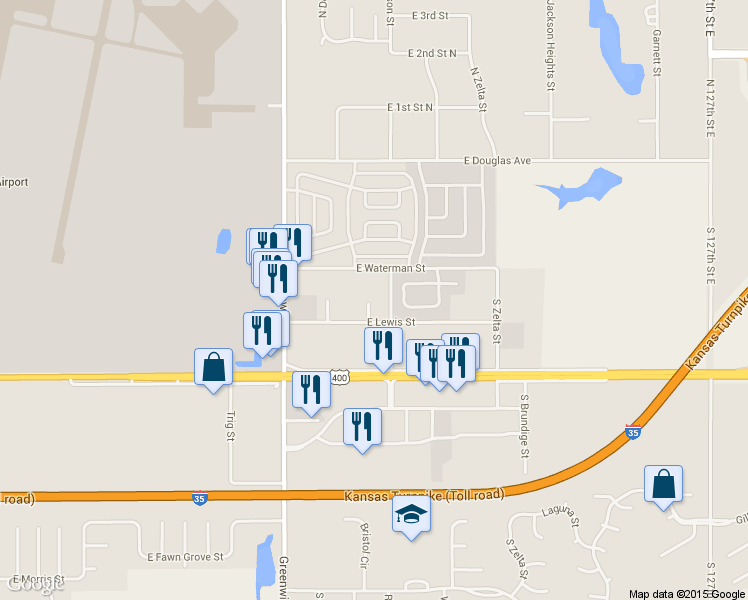 map of restaurants, bars, coffee shops, grocery stores, and more near 11426 East Lewis Street in Wichita