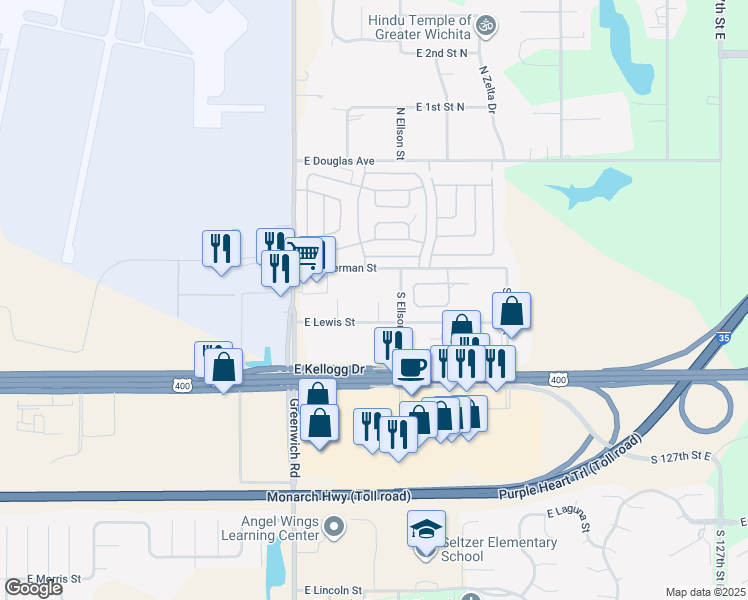 map of restaurants, bars, coffee shops, grocery stores, and more near 11426 East Lewis Street in Wichita