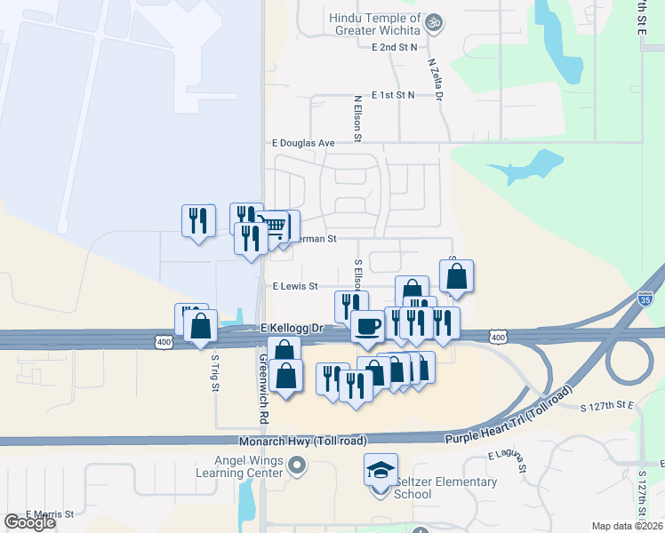 map of restaurants, bars, coffee shops, grocery stores, and more near 11426 East Lewis Street in Wichita