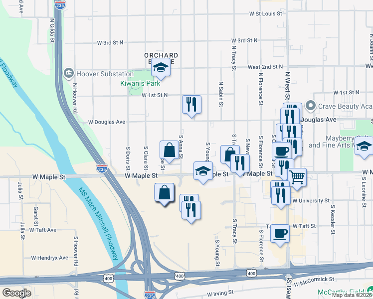 map of restaurants, bars, coffee shops, grocery stores, and more near 234 South Anna Street in Wichita
