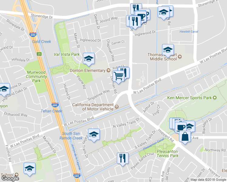 map of restaurants, bars, coffee shops, grocery stores, and more near 6304 Singletree Way in Pleasanton