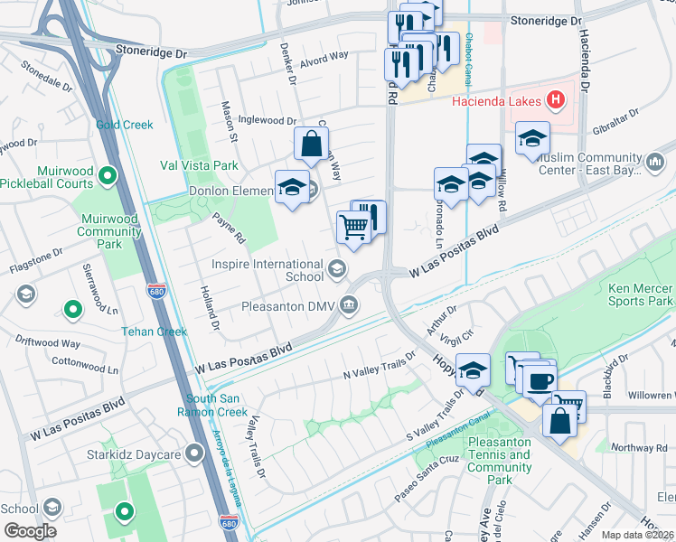 map of restaurants, bars, coffee shops, grocery stores, and more near 6304 Singletree Way in Pleasanton