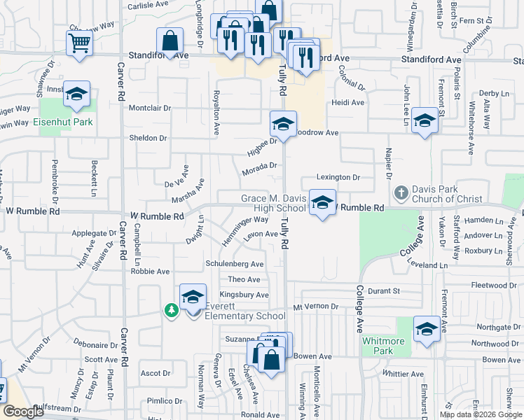 map of restaurants, bars, coffee shops, grocery stores, and more near 2937 Hemminger Way in Modesto