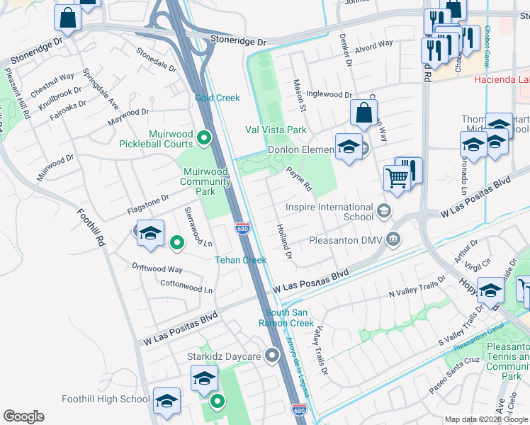 map of restaurants, bars, coffee shops, grocery stores, and more near 6875 Vale Court in Pleasanton