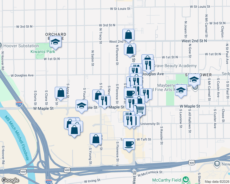 map of restaurants, bars, coffee shops, grocery stores, and more near 229 S Florence St in Wichita