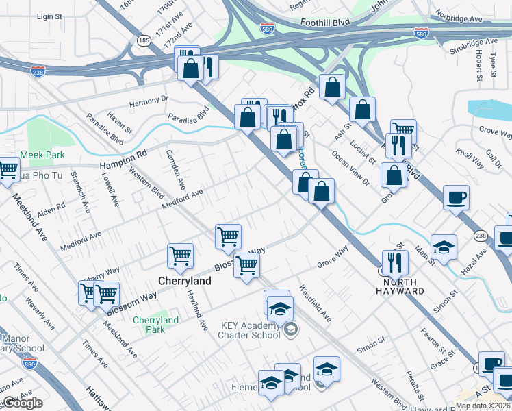 map of restaurants, bars, coffee shops, grocery stores, and more near 802 Cherry Way in Hayward