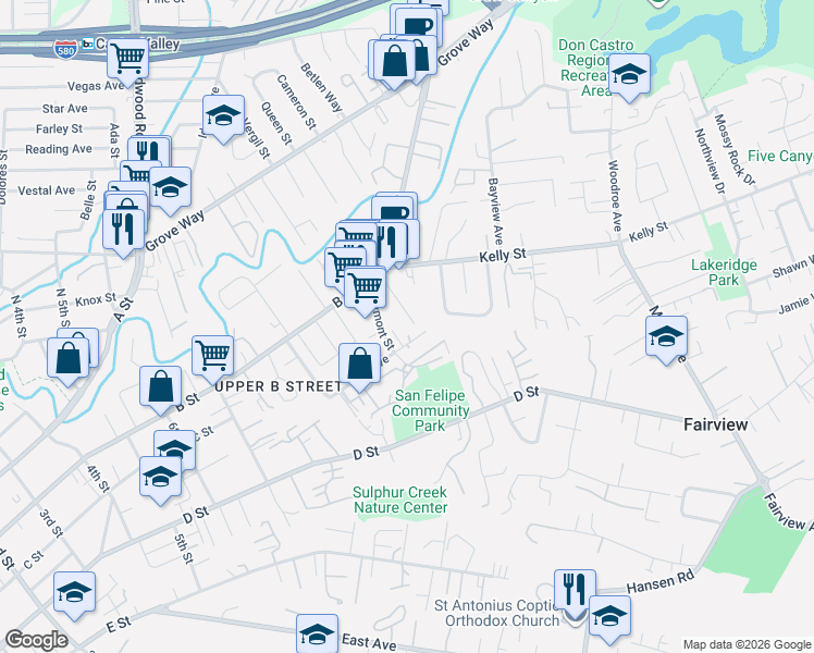 map of restaurants, bars, coffee shops, grocery stores, and more near 2139 Hill Avenue in Hayward