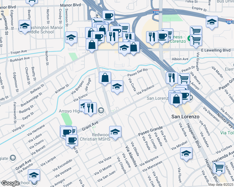 map of restaurants, bars, coffee shops, grocery stores, and more near 879 Grant Avenue in San Lorenzo