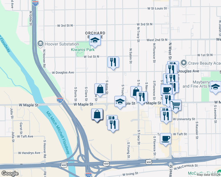 map of restaurants, bars, coffee shops, grocery stores, and more near 234 South Anna Street in Wichita