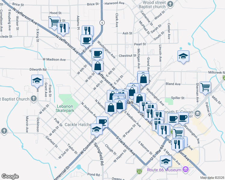 map of restaurants, bars, coffee shops, grocery stores, and more near 201 N Jefferson Ave in Lebanon