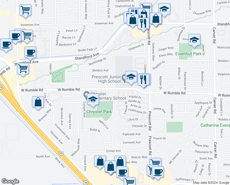 map of restaurants, bars, coffee shops, grocery stores, and more near 2836 Park Place in Modesto