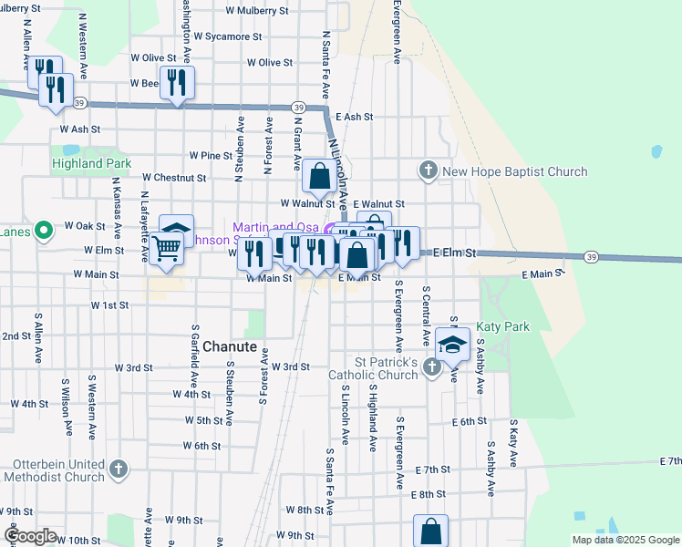 map of restaurants, bars, coffee shops, grocery stores, and more near 1 West Main Street in Chanute