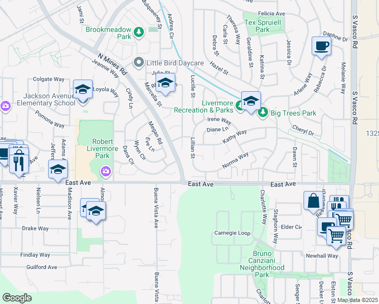 map of restaurants, bars, coffee shops, grocery stores, and more near 1377 Lillian Street in Livermore