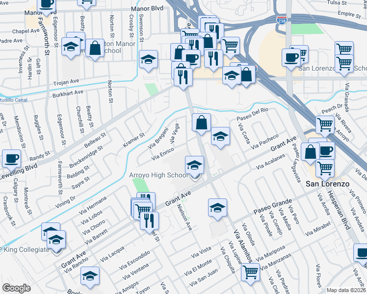 map of restaurants, bars, coffee shops, grocery stores, and more near 15603 Lorenzo Avenue in San Lorenzo