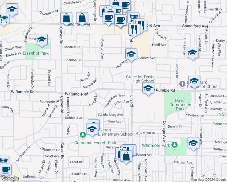 map of restaurants, bars, coffee shops, grocery stores, and more near 1424 West Rumble Road in Modesto
