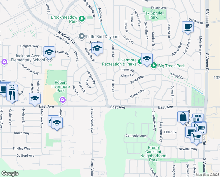 map of restaurants, bars, coffee shops, grocery stores, and more near 1377 Lillian Street in Livermore