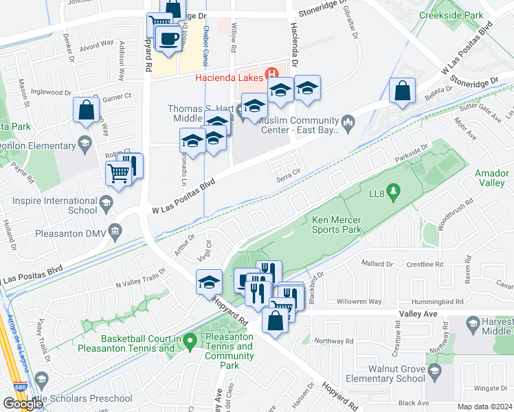 map of restaurants, bars, coffee shops, grocery stores, and more near 3237 Clifford Circle in Pleasanton