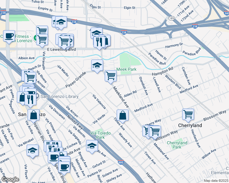 map of restaurants, bars, coffee shops, grocery stores, and more near 17777 Meekland Avenue in Hayward