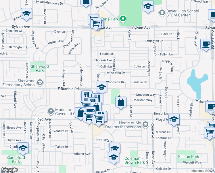 map of restaurants, bars, coffee shops, grocery stores, and more near 1331 East Rumble Road in Modesto