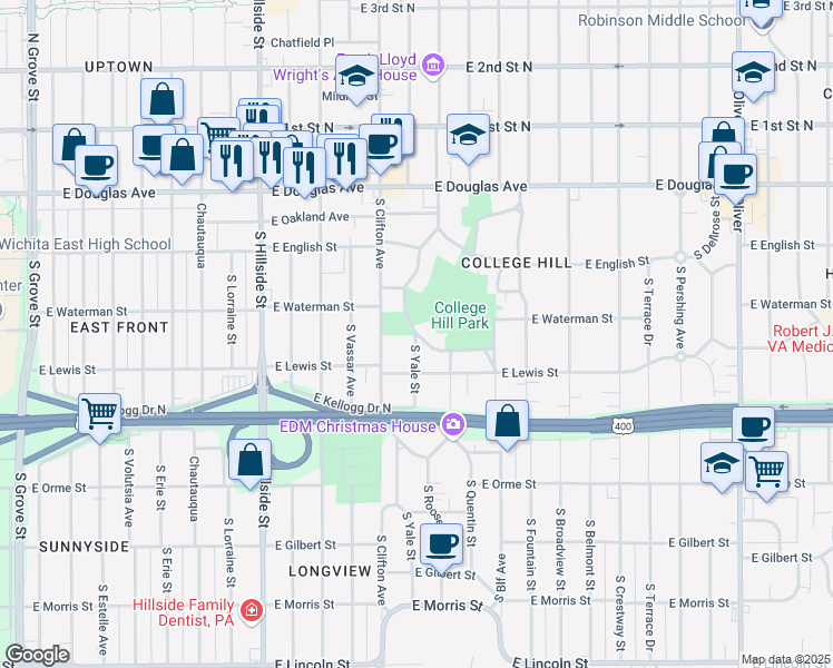 map of restaurants, bars, coffee shops, grocery stores, and more near 304 South Circle Drive in Wichita