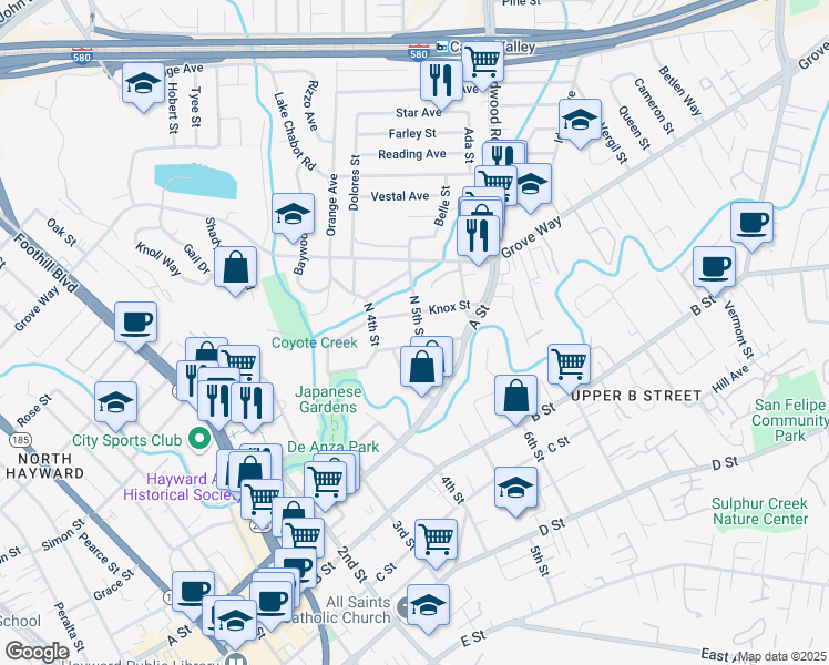 map of restaurants, bars, coffee shops, grocery stores, and more near 1711 Crescent Avenue in Castro Valley