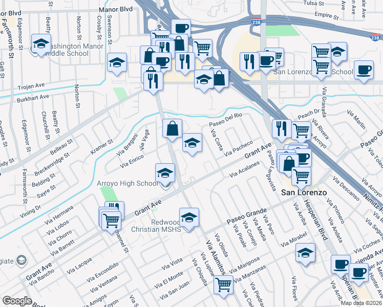 map of restaurants, bars, coffee shops, grocery stores, and more near 879 Grant Avenue in San Lorenzo
