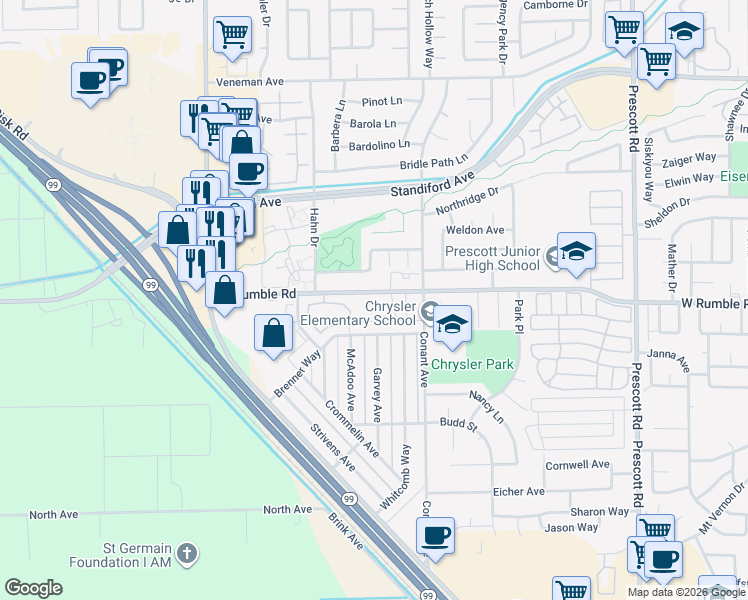 map of restaurants, bars, coffee shops, grocery stores, and more near 2550 West Rumble Road in Modesto