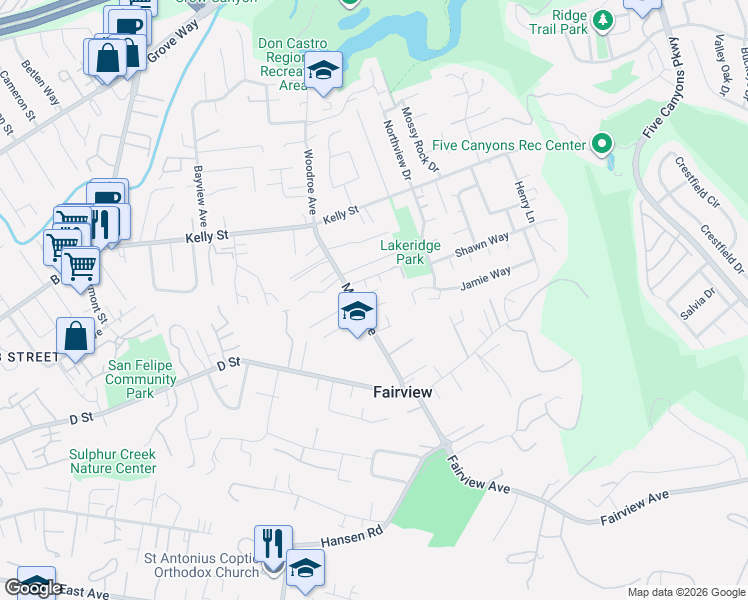 map of restaurants, bars, coffee shops, grocery stores, and more near 23418 Maud Avenue in Hayward
