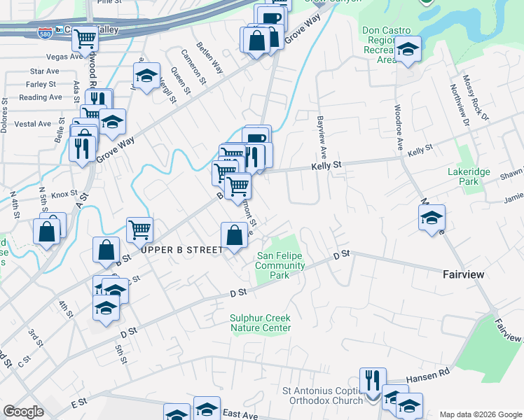map of restaurants, bars, coffee shops, grocery stores, and more near 2139 Hill Avenue in Hayward