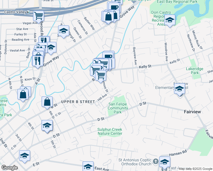 map of restaurants, bars, coffee shops, grocery stores, and more near 22782 Vermont Street in Hayward