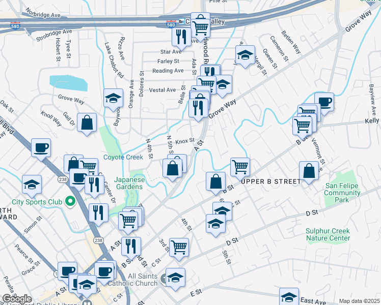 map of restaurants, bars, coffee shops, grocery stores, and more near 22515 6th Street in Hayward