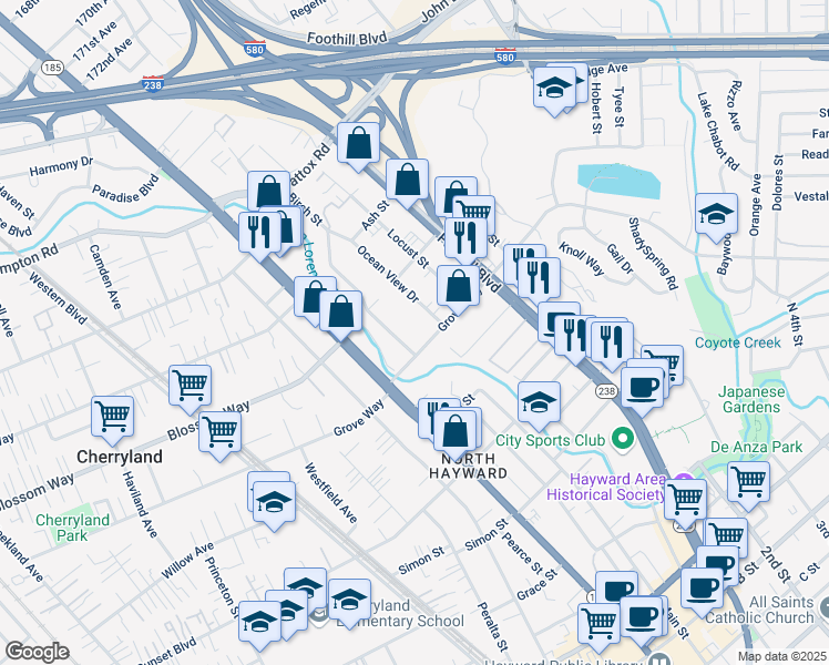 map of restaurants, bars, coffee shops, grocery stores, and more near 1129 Grove Way in Hayward