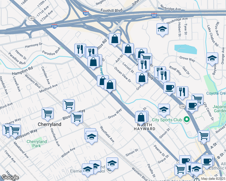 map of restaurants, bars, coffee shops, grocery stores, and more near 21386 Mission Boulevard in Hayward