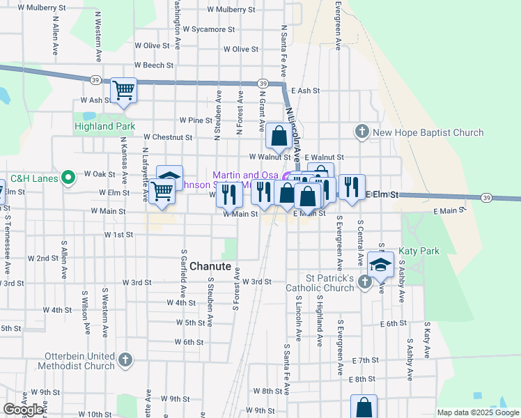 map of restaurants, bars, coffee shops, grocery stores, and more near 2-98 S Grant Ave in Chanute