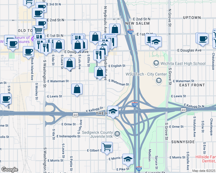 map of restaurants, bars, coffee shops, grocery stores, and more near in Wichita