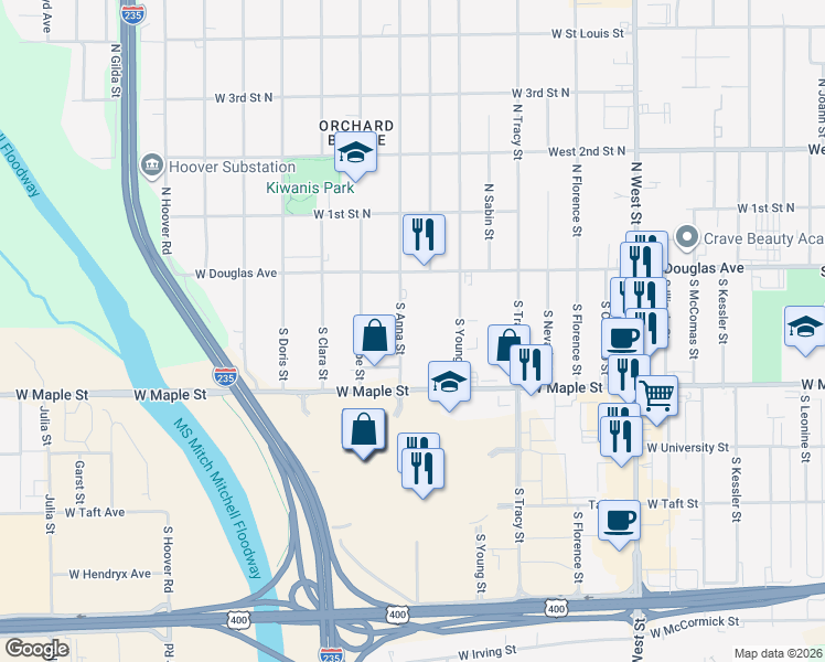 map of restaurants, bars, coffee shops, grocery stores, and more near 234 South Anna Street in Wichita
