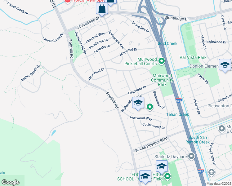 map of restaurants, bars, coffee shops, grocery stores, and more near 4957 Forest Hill Drive in Pleasanton