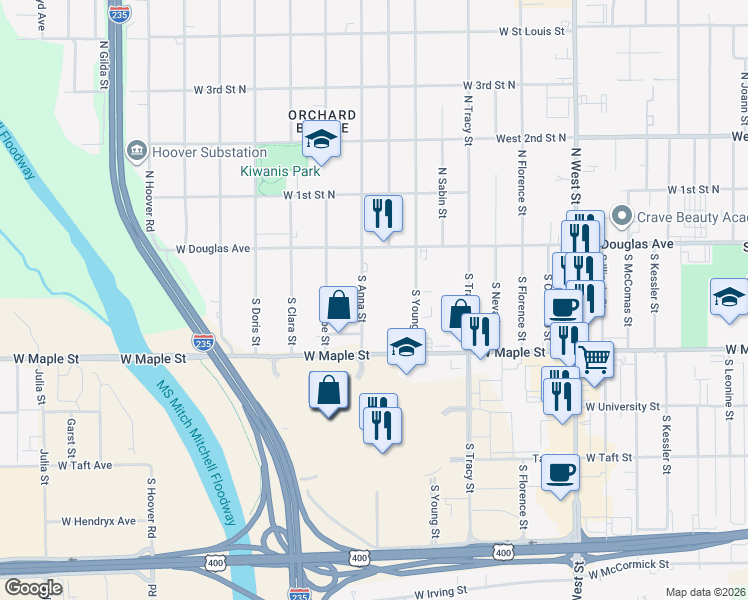 map of restaurants, bars, coffee shops, grocery stores, and more near 234 South Anna Street in Wichita