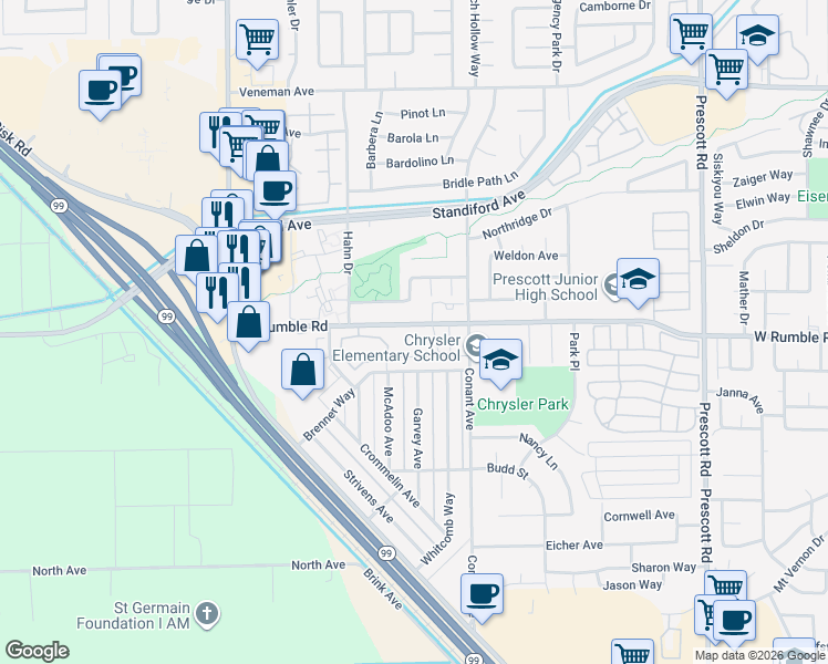 map of restaurants, bars, coffee shops, grocery stores, and more near 2550 West Rumble Road in Modesto